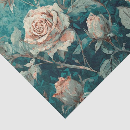 Roze Rozen op Blauwgroen Tissuepapier (Detail)