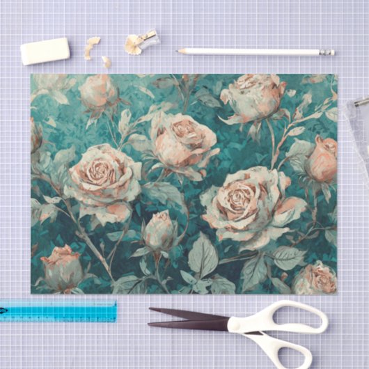Roze Rozen op Blauwgroen Tissuepapier (Craft)