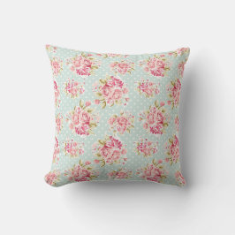 Roze rozen op Blue Polka Dot  Shabby Chic Kussen
