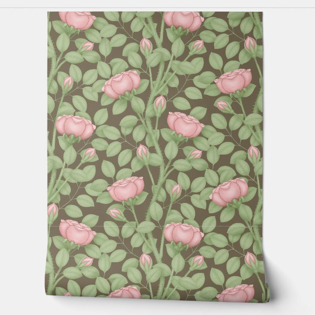 Roze rozen op bruin behang (Afrollen)