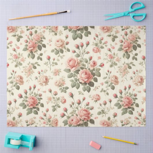 Roze rozen op crème tissuepapier (Craft)