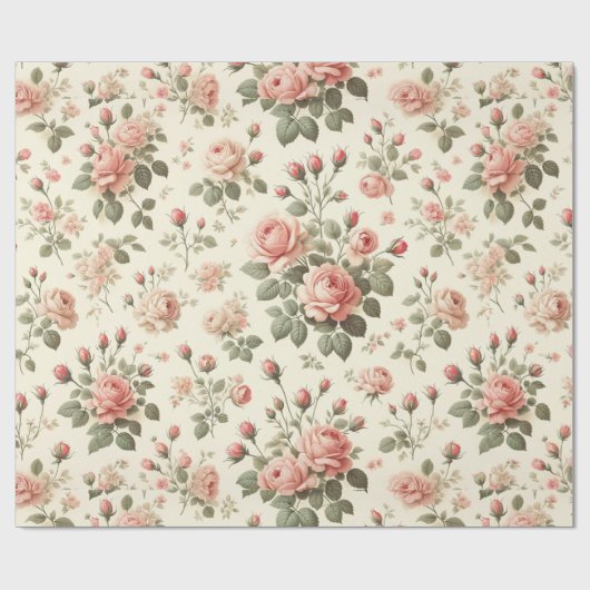 Roze Rozen op Crème  Wrapping Paper Roll Cadeaupapier (Vlak)