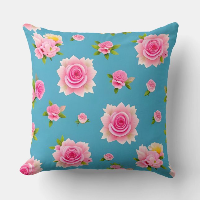 Roze rozen op een blauwe achtergrond kussen (Voorkant)