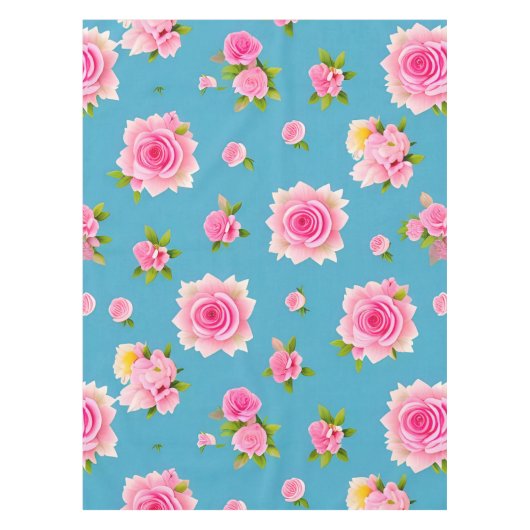 Roze rozen op een blauwe achtergrond tafelkleed (Voorkant)