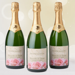 Roze rozen op Glitzy Bleek Taupe Champagne Label Sparkling Wijnetiket