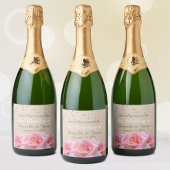 Roze rozen op Glitzy Bleek Taupe Champagne Label Sparkling Wijnetiket