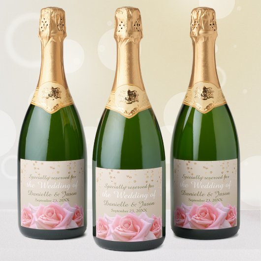 Roze rozen op Glitzy Bleek Taupe Champagne Label Sparkling Wijnetiket