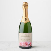 Roze rozen op Glitzy Bleek Taupe Champagne Label Sparkling Wijnetiket (Voorkant)