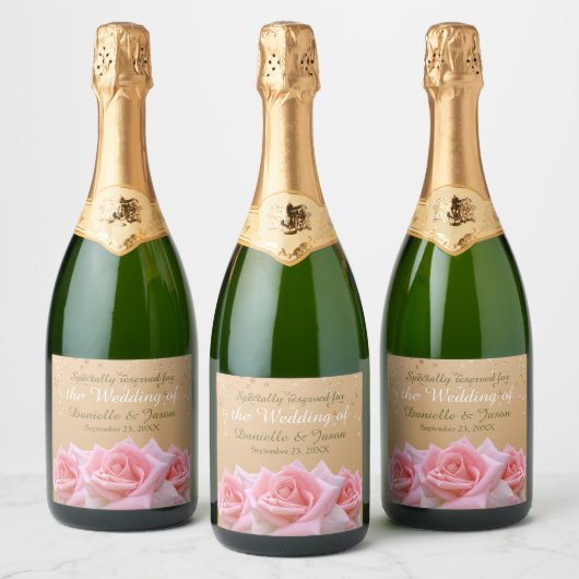 Roze Rozen op Glitzy Gold Mousserende Wijn Label Sparkling Wijnetiket (Flessen)