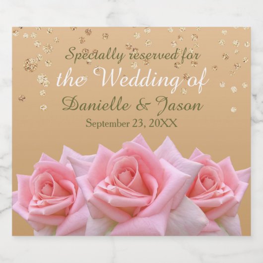 Roze Rozen op Glitzy Gold Mousserende Wijn Label Sparkling Wijnetiket (Enkel label)