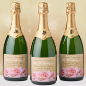 Roze Rozen op Glitzy Gold Mousserende Wijn Label Sparkling Wijnetiket