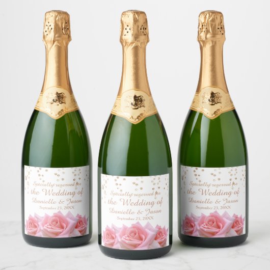 Roze Rozen op Glitzy White Mousserende Wijn Label Sparkling Wijnetiket (Flessen)
