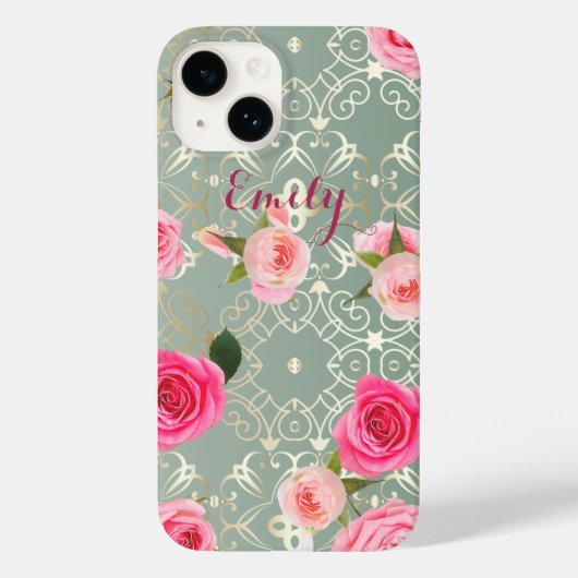  roze rozen op Gold Blauwgroen Damask (aangepaste  Case-Mate iPhone Case (Achterkant)