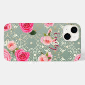  roze rozen op Gold Blauwgroen Damask (aangepaste  Case-Mate iPhone Case (Achterkant (horizontaal))