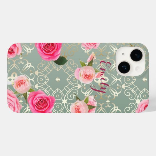  roze rozen op Gold Blauwgroen Damask (aangepaste  Case-Mate iPhone Case (Achterkant (horizontaal))