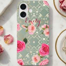  roze rozen op Gold Blauwgroen Damask (aangepaste  iPhone 16 Hoesje