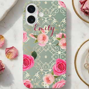  roze rozen op Gold Blauwgroen Damask (aangepaste  iPhone 16 Hoesje