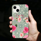  roze rozen op Gold Blauwgroen Damask (aangepaste  Case-Mate iPhone Case