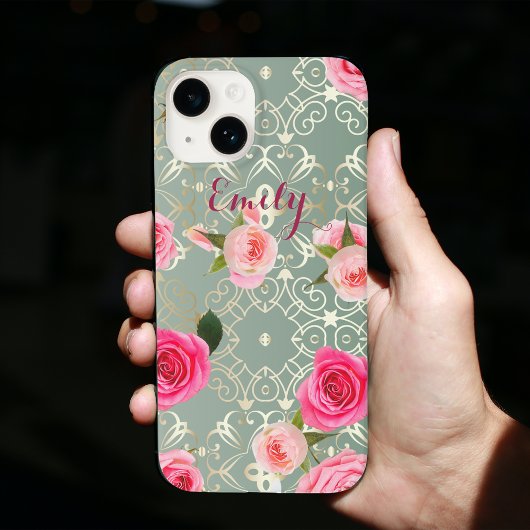  roze rozen op Gold Blauwgroen Damask (aangepaste  Case-Mate iPhone Case