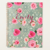 roze rozen op Gold Blauwgroen Damask (aangepaste  Planner (Voorkant)