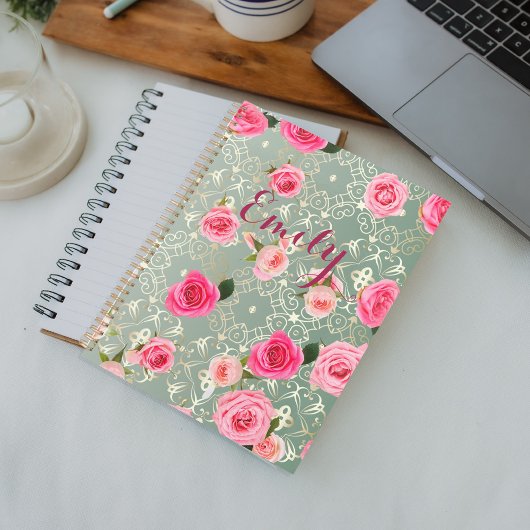  roze rozen op Gold Blauwgroen Damask (aangepaste  Planner
