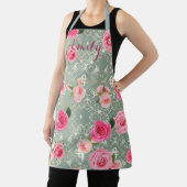 Roze Rozen Op Goud Teal Damast Aangepaste Naam Schort (Insitu)