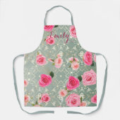 Roze Rozen Op Goud Teal Damast Aangepaste Naam Schort (Voorkant)