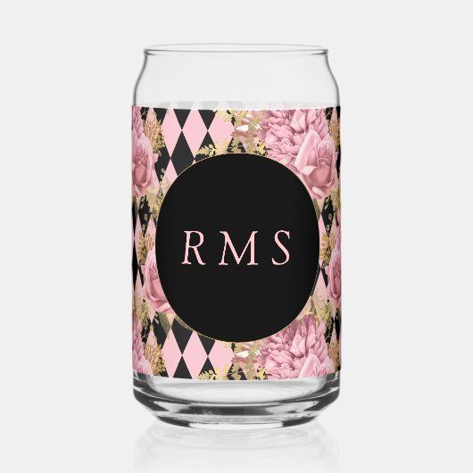 Roze rozen op Harlekijn-monogram Blikvorm Glas (Voorkant)