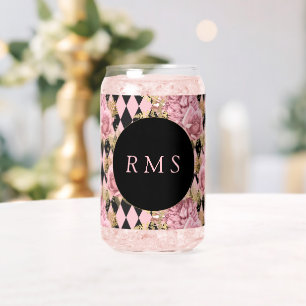 Roze rozen op Harlekijn-monogram Blikvorm Glas
