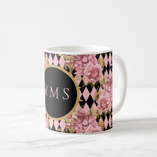 Roze rozen op Harlekijn-monogram   Koffiemok