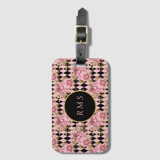 Roze rozen op Harlequin Monogram Bagagelabel (Voorkant (verticaal))