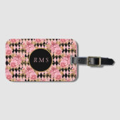 Roze rozen op Harlequin Monogram Bagagelabel (Voorkant (horizontaal))