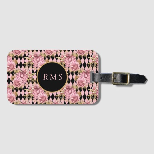 Roze rozen op Harlequin Monogram Bagagelabel (Voorkant (horizontaal))