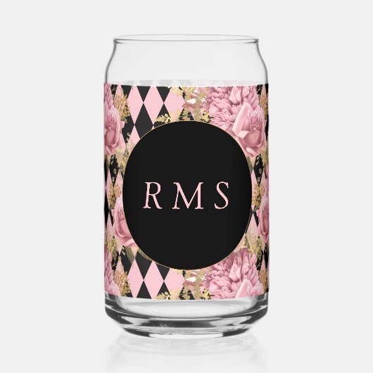 Roze rozen op Harlequin Monogram Blikvorm Glas (Voorkant)