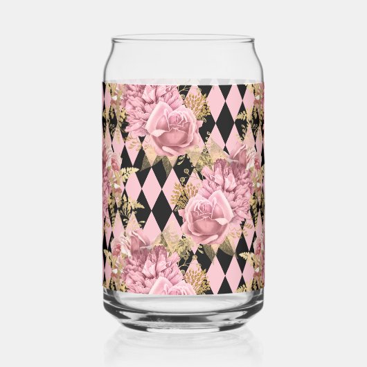 Roze rozen op Harlequin Monogram Blikvorm Glas (Achterkant)