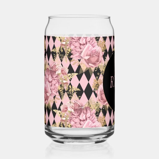Roze rozen op Harlequin Monogram Blikvorm Glas (Rechts)
