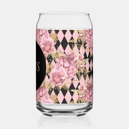 Roze rozen op Harlequin Monogram Blikvorm Glas (Links)