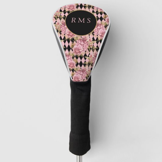 Roze rozen op Harlequin Monogram Golfheadcover (Voorkant)