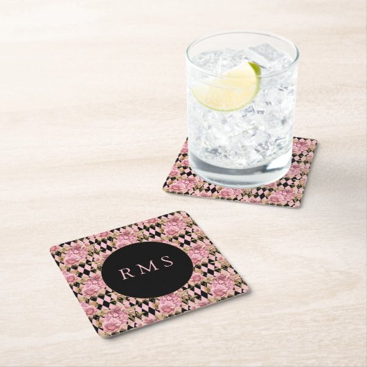 Roze rozen op Harlequin Monogram Kartonnen Onderzetters (Insitu)