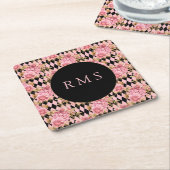 Roze rozen op Harlequin Monogram Kartonnen Onderzetters (Schuin)