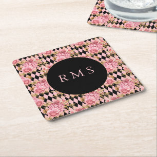 Roze rozen op Harlequin Monogram Kartonnen Onderzetters