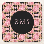 Roze rozen op Harlequin Monogram Kartonnen Onderzetters (Voorkant)