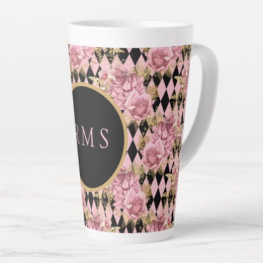 Roze rozen op Harlequin Monogram Latte Mok (Rechterhoek)