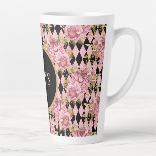 Roze rozen op Harlequin Monogram Latte Mok (Rechts)