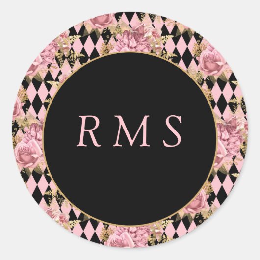 Roze rozen op Harlequin Monogram Ronde Sticker (Voorkant)