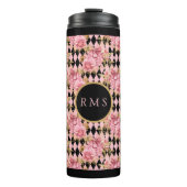 Roze rozen op Harlequin Monogram Thermosbeker (Voorkant)
