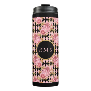 Roze rozen op Harlequin Monogram Thermosbeker