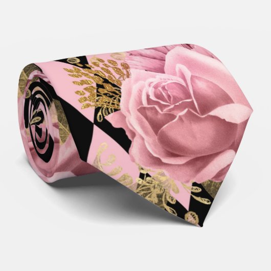 Roze rozen op Harlequin Stropdas (Opgerold)