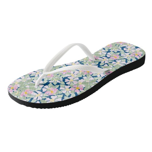  roze Rozen op het Deep Blue Floral Pattern Teenslippers (Schuin)