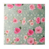  roze rozen op het gouden Blauwgroen Damaspatroon Tegeltje (Voorkant)